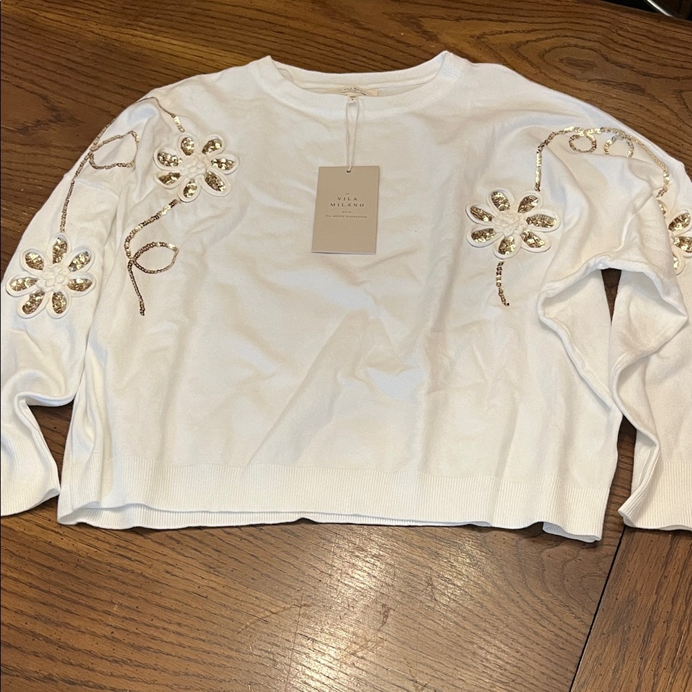Vila Milano White Floral Embellished Sweater, size large, NWT